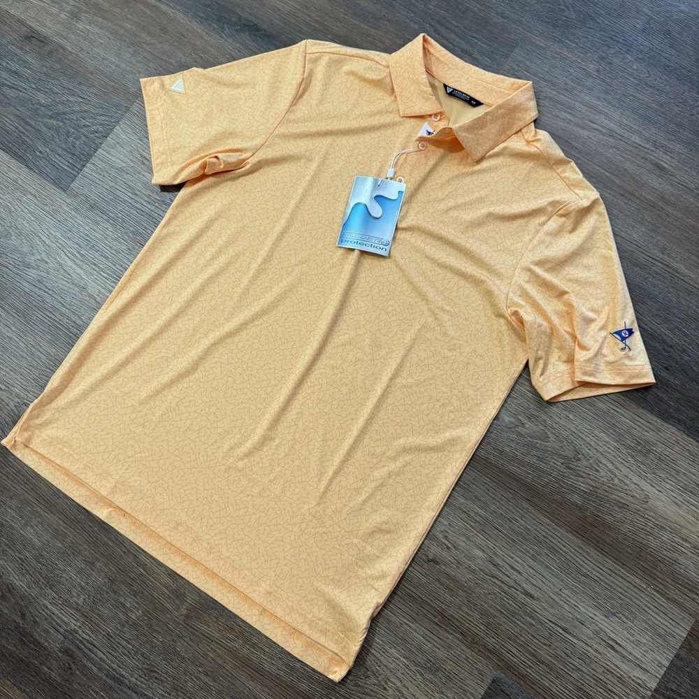 NWT Levelwear Golf Polo Geometric AOP Orange Yellow Sz M Ocean Reef Golf Club